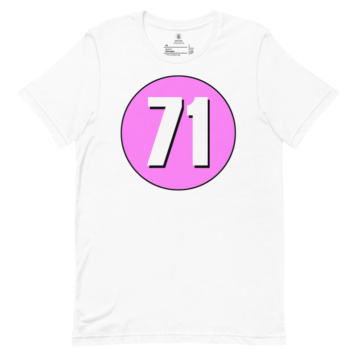 Unisex t-shirt: White on Pink 71