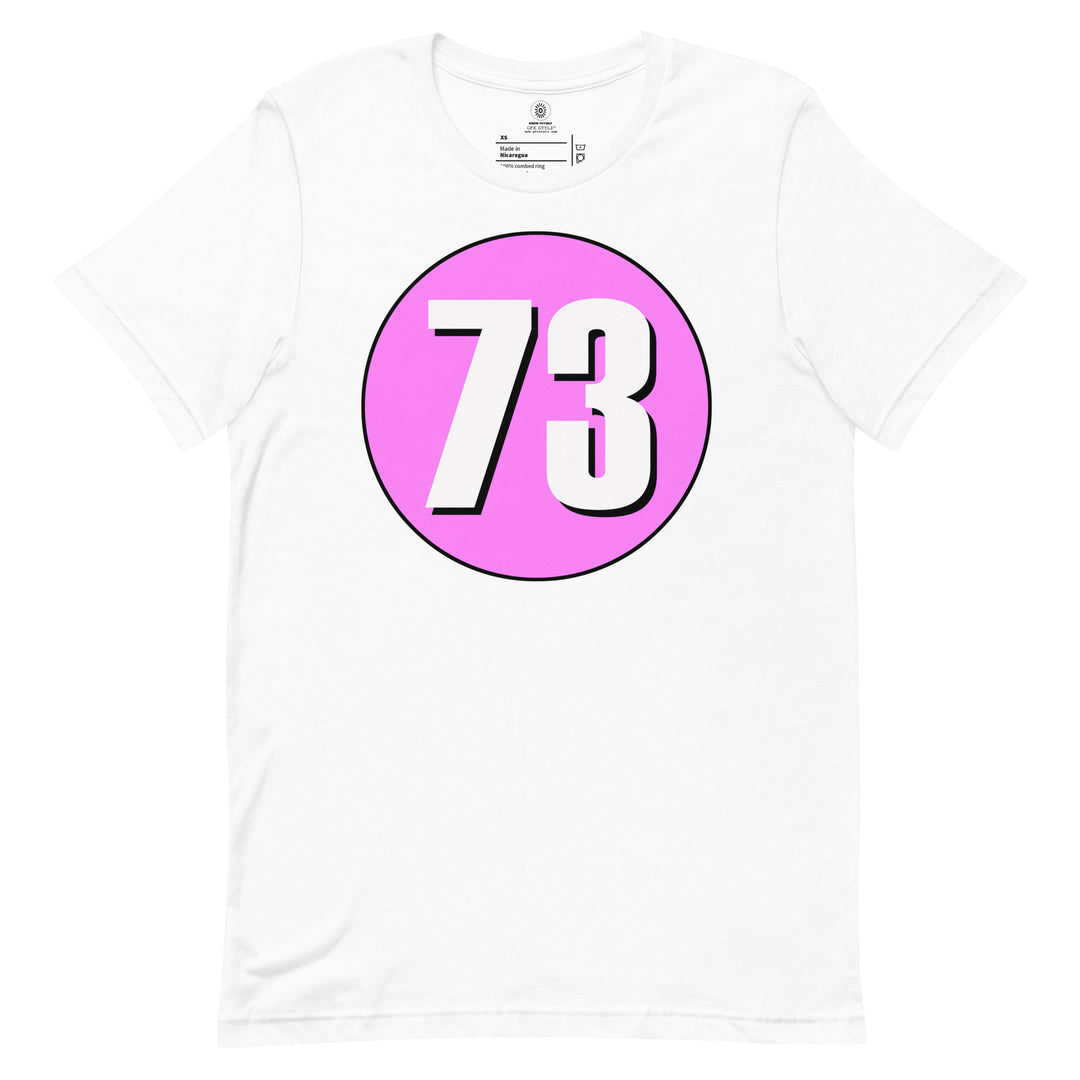 Unisex t-shirt: White on Pink 73