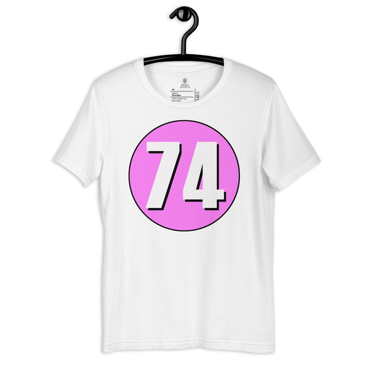 Unisex t-shirt: White on Pink 74