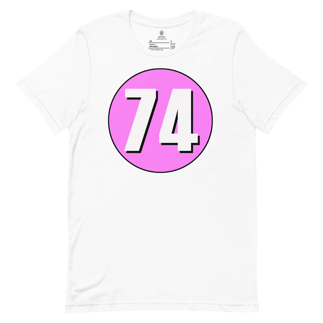 Unisex t-shirt: White on Pink 74