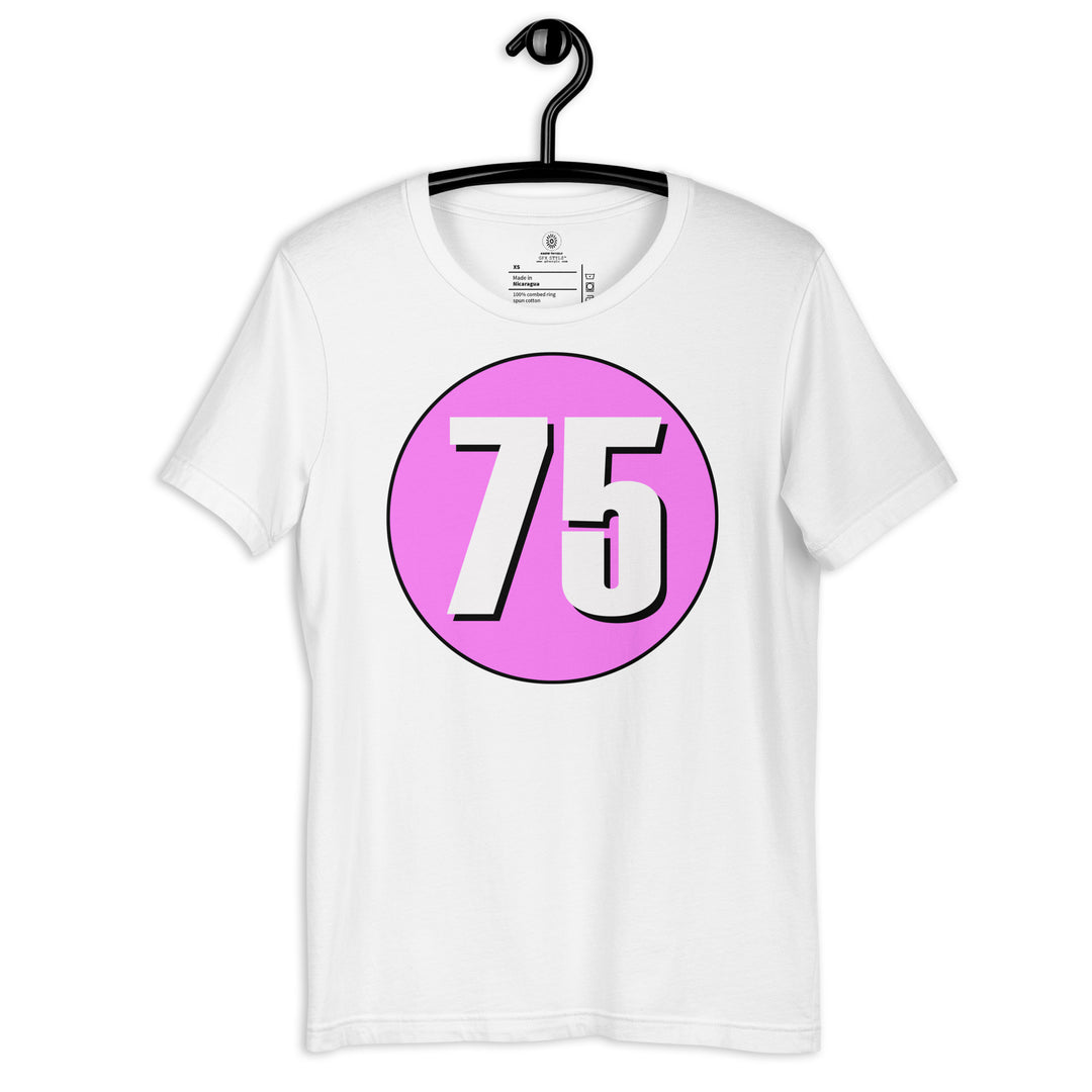 Unisex t-shirt: White on Pink 75