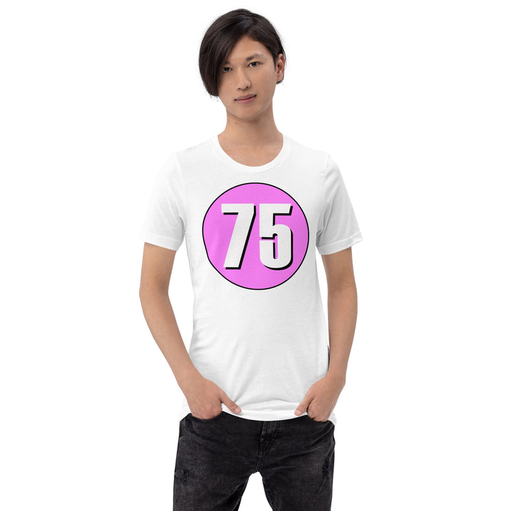 Unisex t-shirt: White on Pink 75