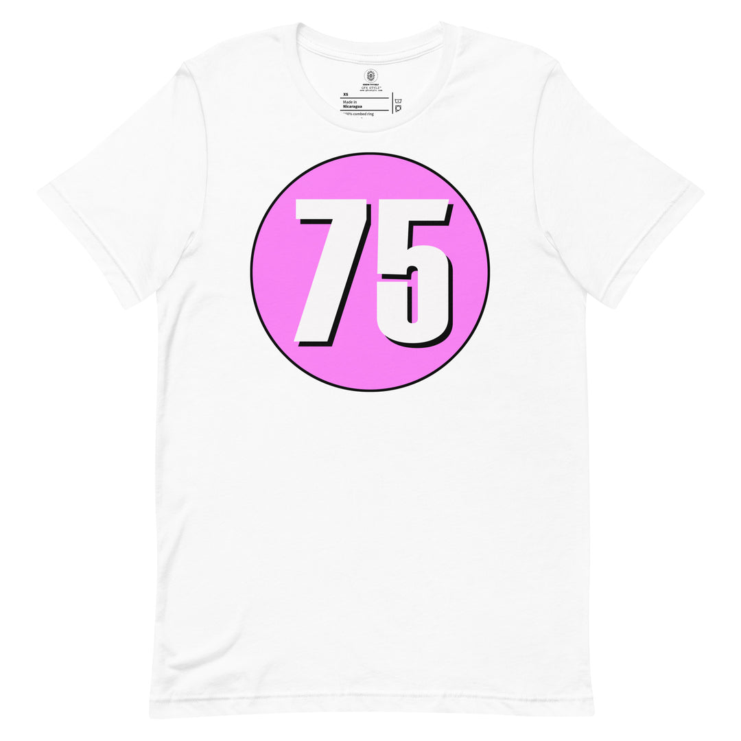 Unisex t-shirt: White on Pink 75