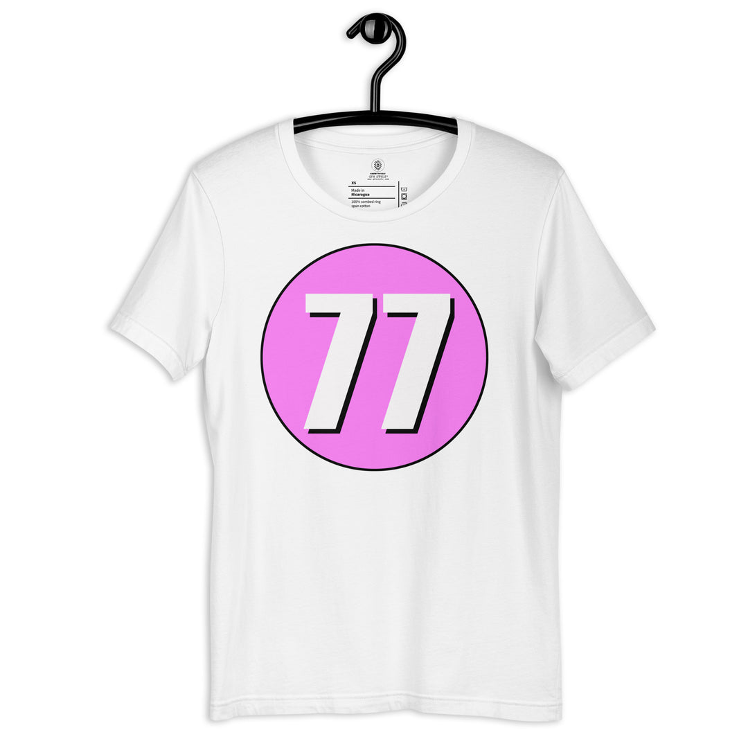 Unisex t-shirt: White on Pink 77