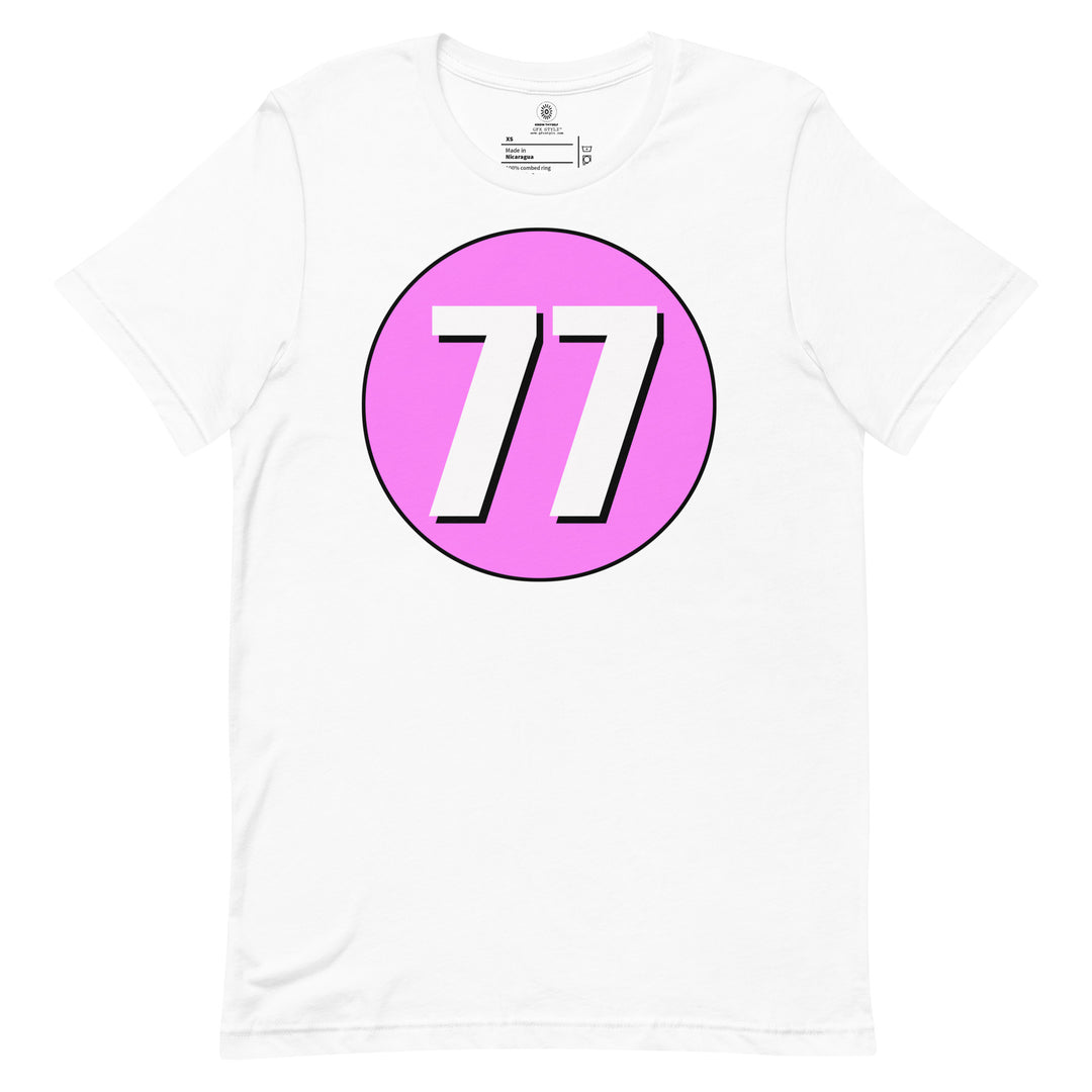 Unisex t-shirt: White on Pink 77