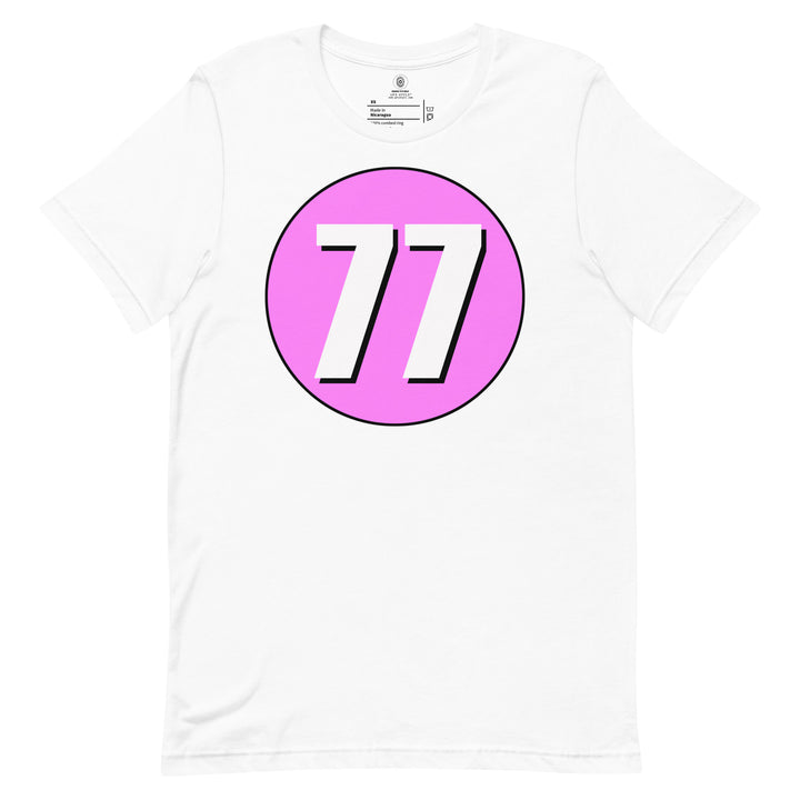 Unisex t-shirt: White on Pink 77