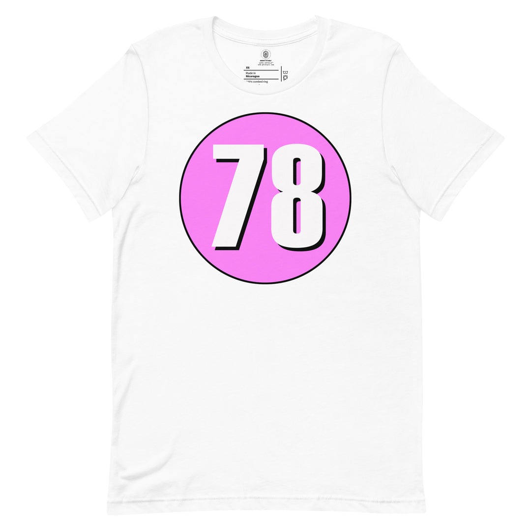 Unisex t-shirt: White on Pink 78