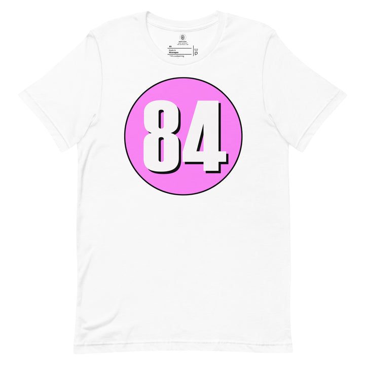 Unisex t-shirt: White on Pink 84