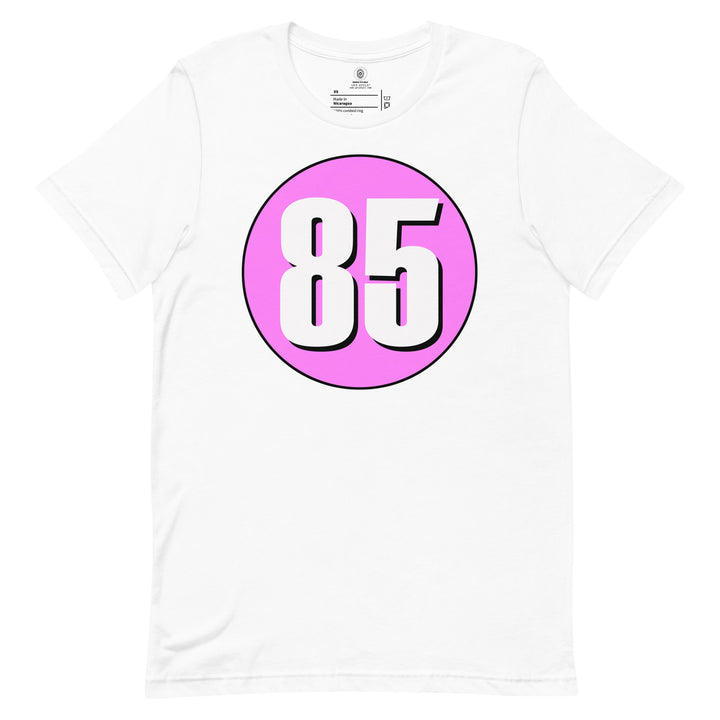 Unisex t-shirt: White on Pink 85