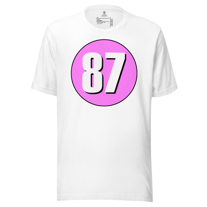 Unisex t-shirt: White on Pink 87