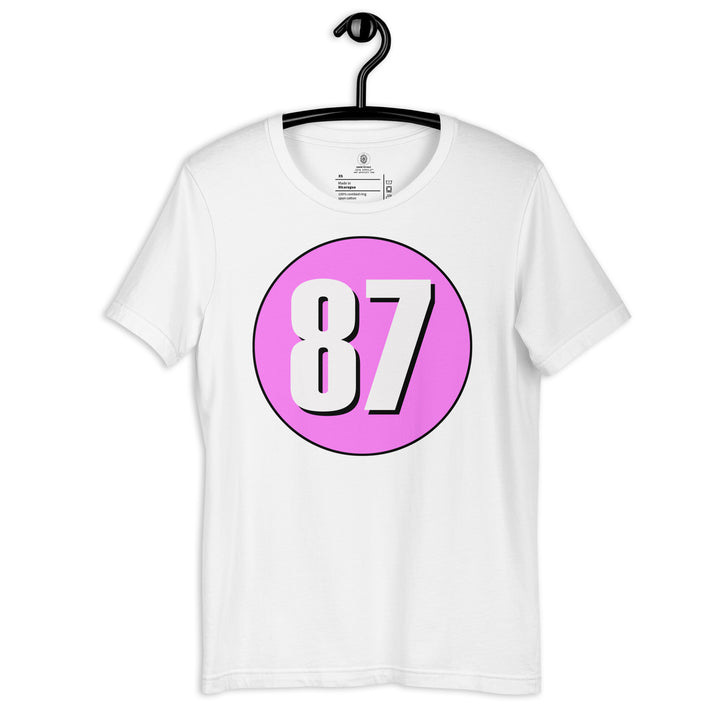 Unisex t-shirt: White on Pink 87