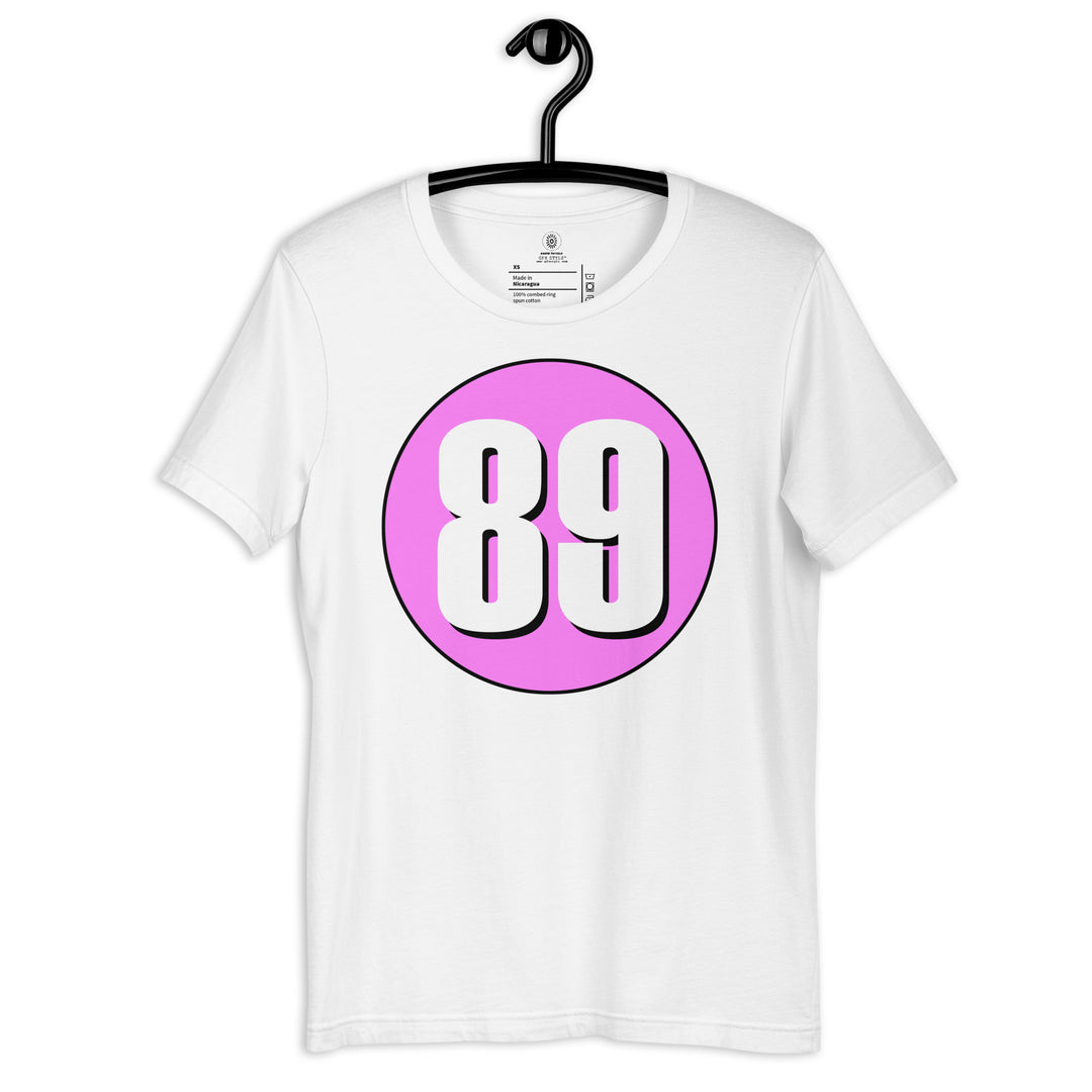 Unisex t-shirt: White on Pink 89