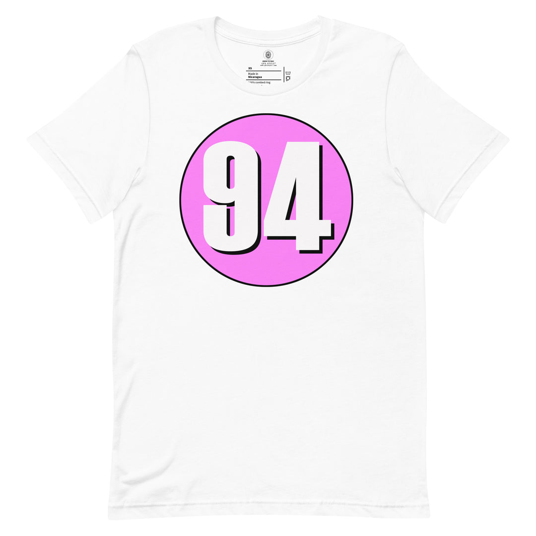 Unisex t-shirt: White on Pink 94