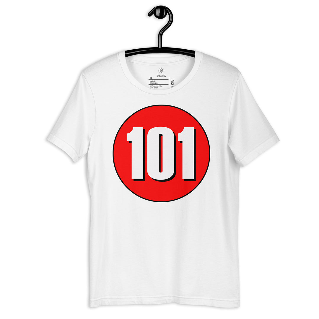 Unisex t-shirt: White on Red 101