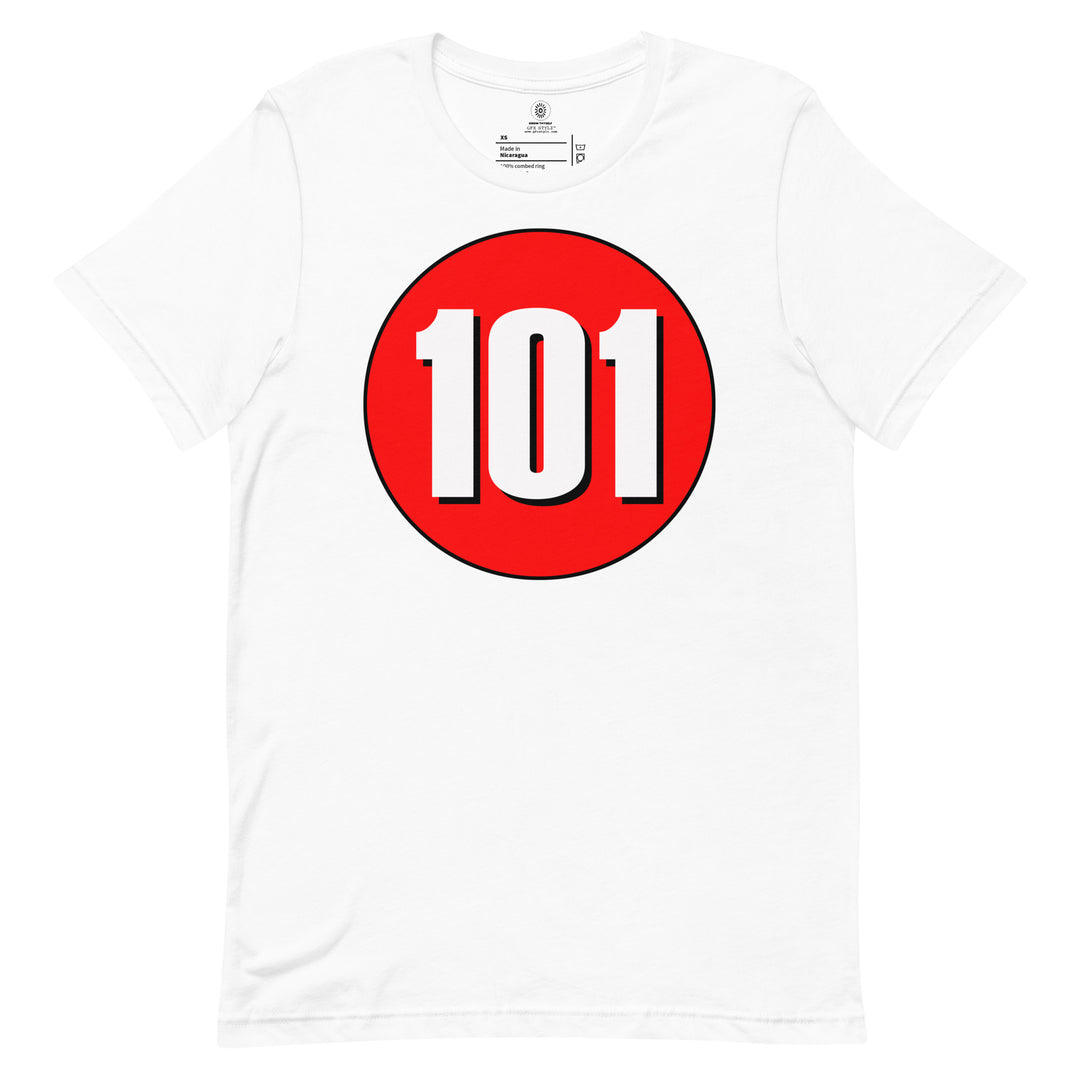 Unisex t-shirt: White on Red 101