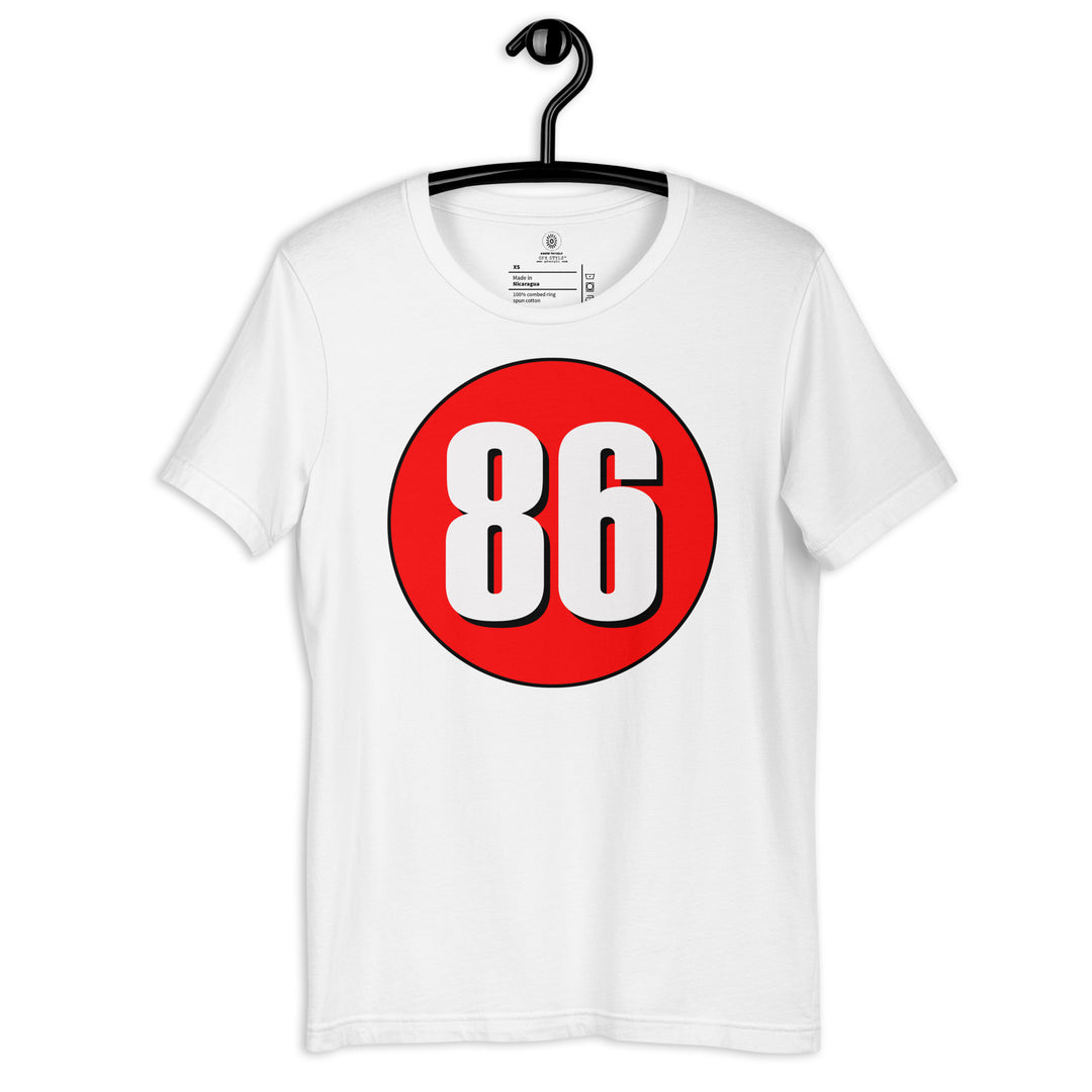 Unisex t-shirt: White on Red 86