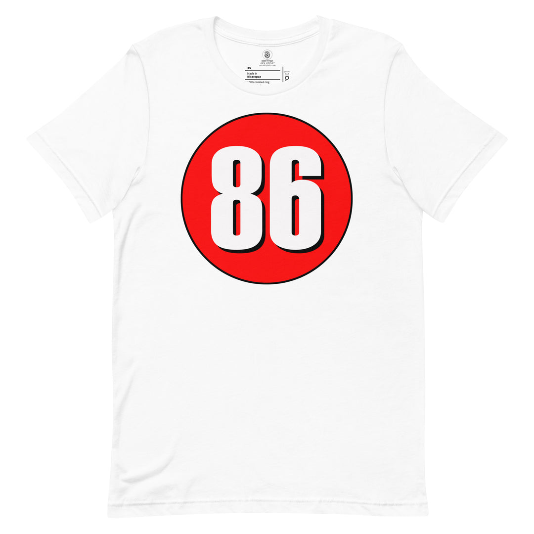 Unisex t-shirt: White on Red 86