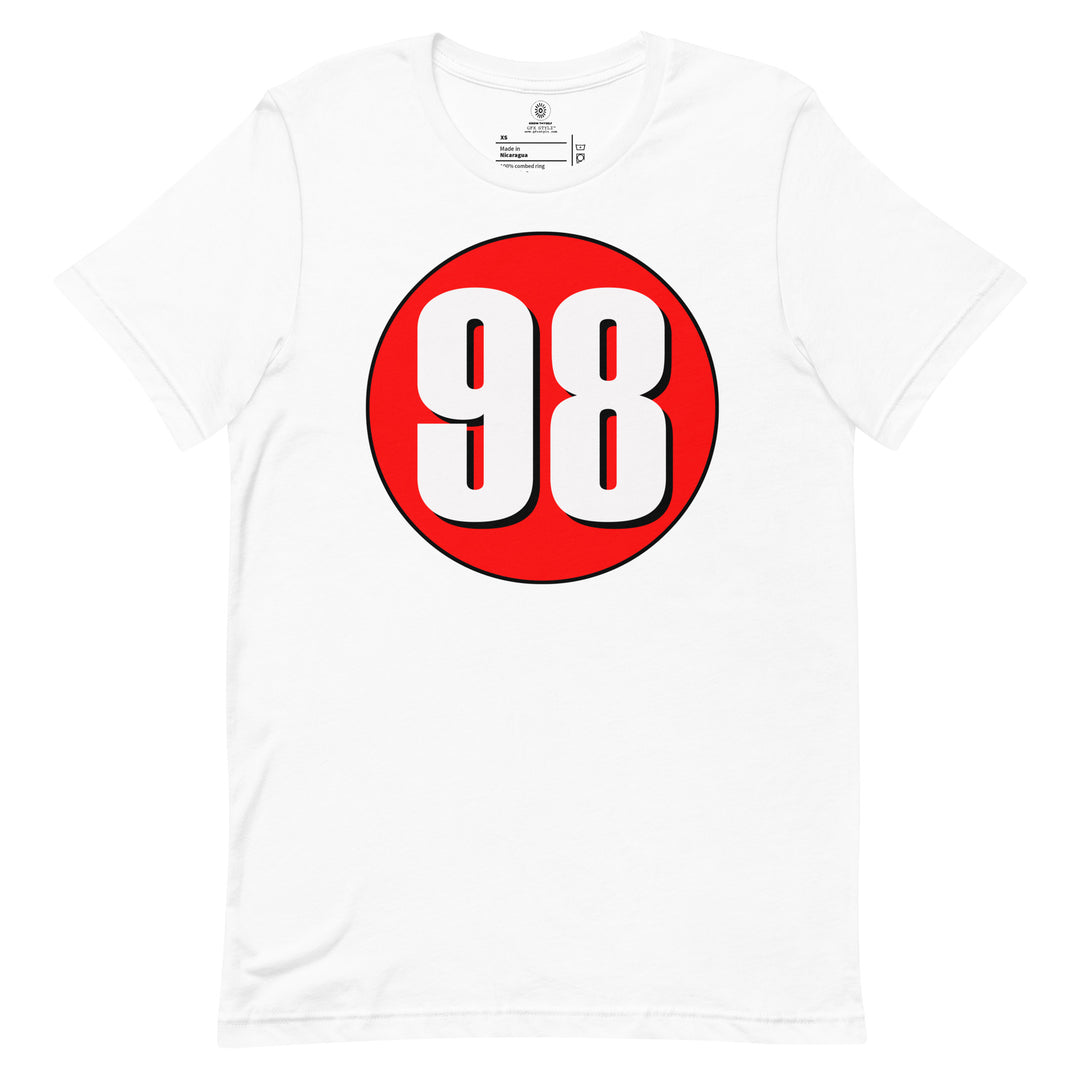 Unisex t-shirt: White on Red 98