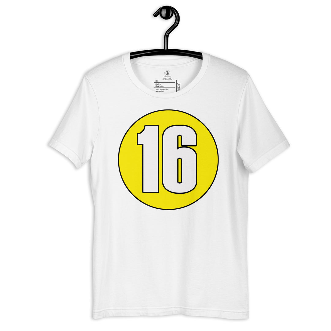 Unisex t-shirt: White on Yellow 16