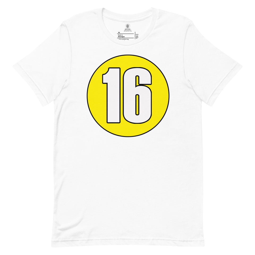 Unisex t-shirt: White on Yellow 16