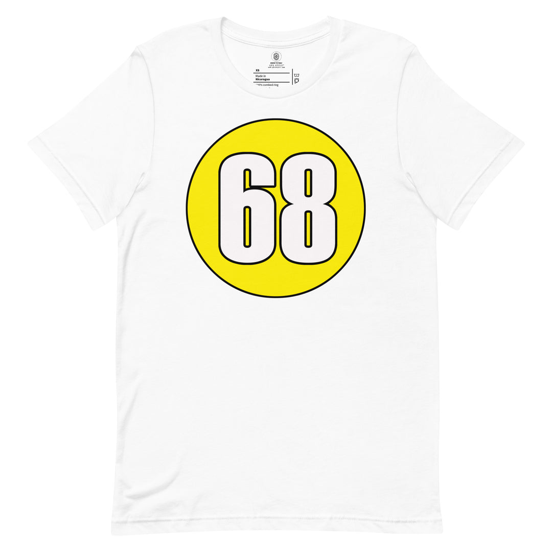 Unisex t-shirt: White on Yellow 68