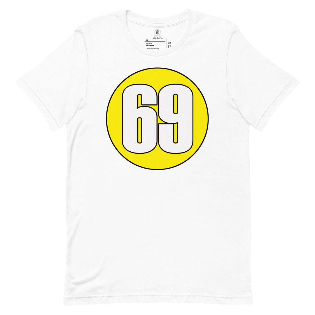 Unisex t-shirt: White on Yellow 69