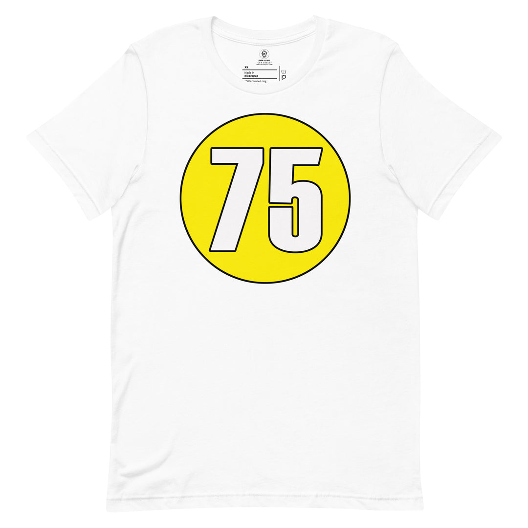 Unisex t-shirt: White on Yellow 75