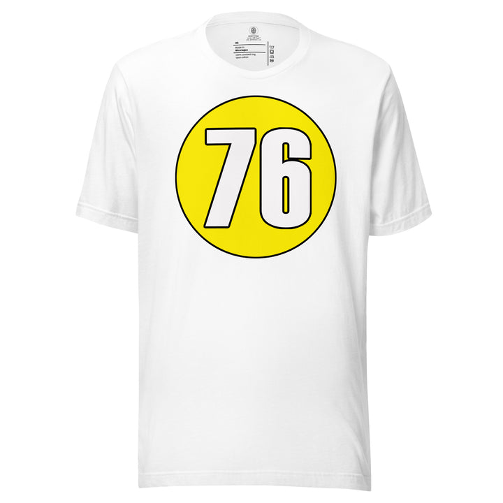 Unisex t-shirt: White on Yellow 76