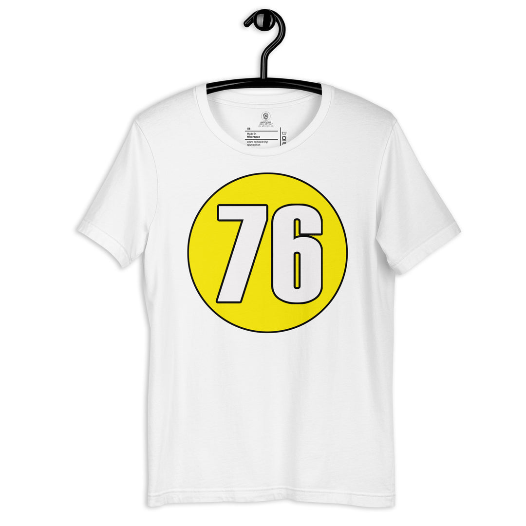 Unisex t-shirt: White on Yellow 76