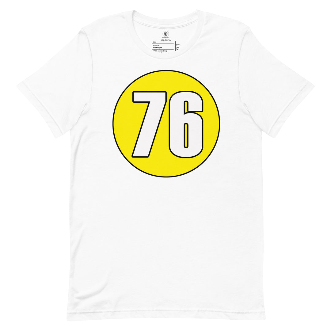 Unisex t-shirt: White on Yellow 76