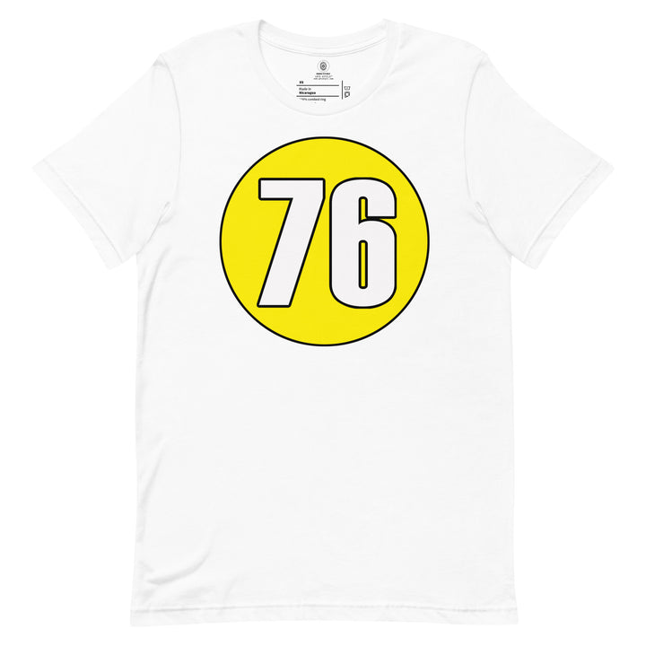 Unisex t-shirt: White on Yellow 76