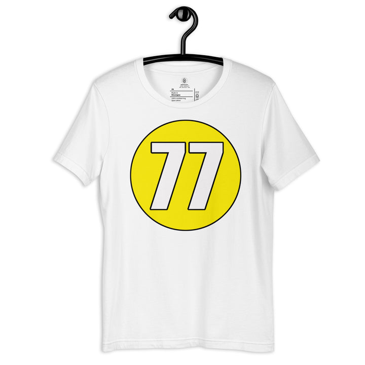 Unisex t-shirt: White on Yellow 77