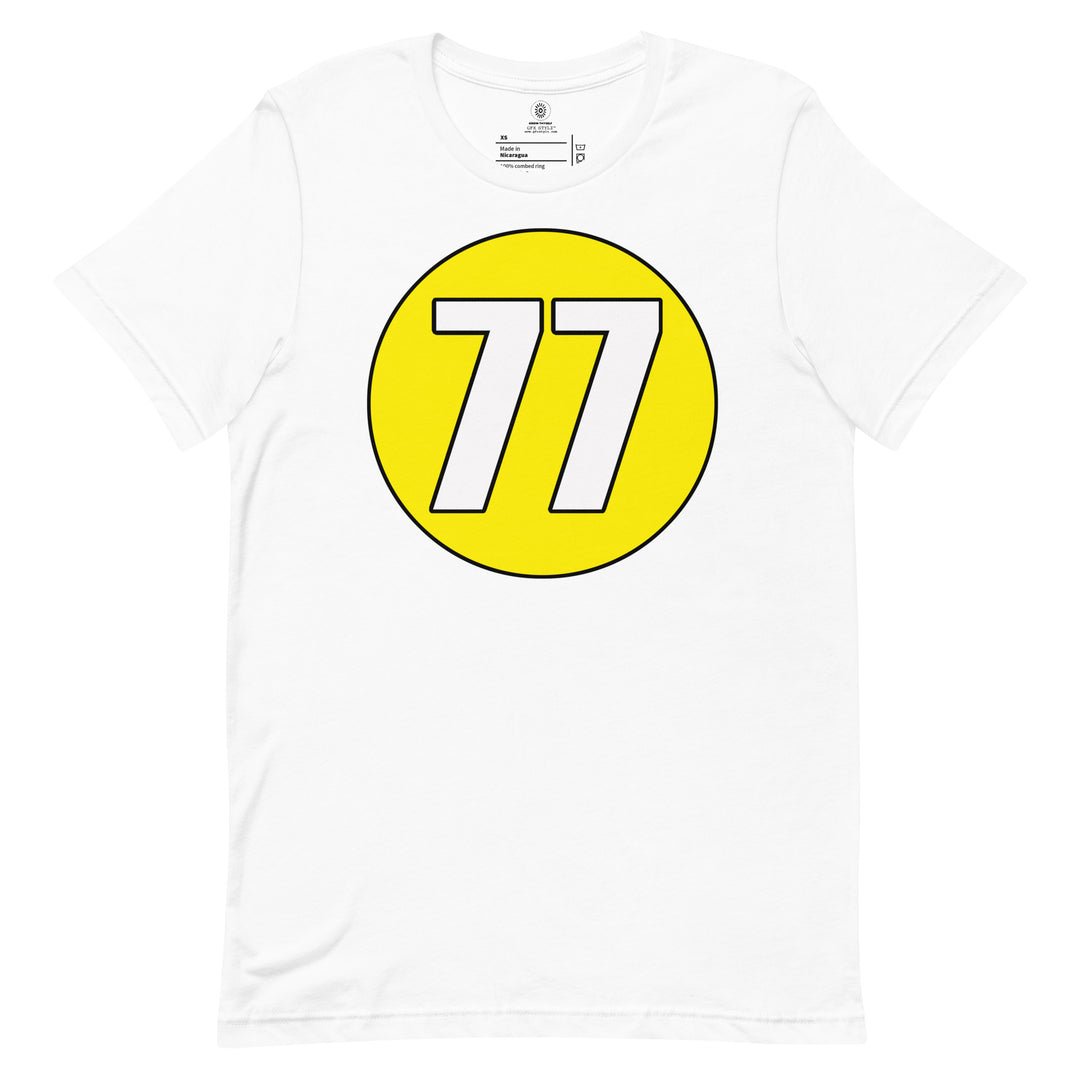 Unisex t-shirt: White on Yellow 77