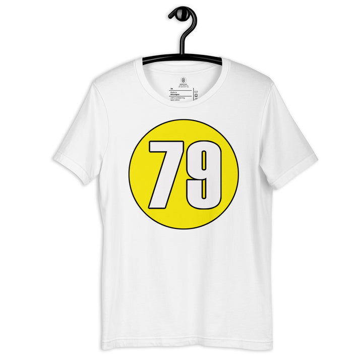 Unisex t-shirt: White on Yellow 79