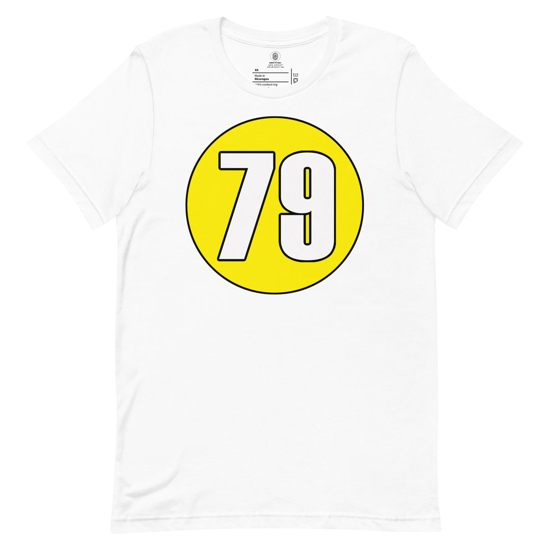 Unisex t-shirt: White on Yellow 79