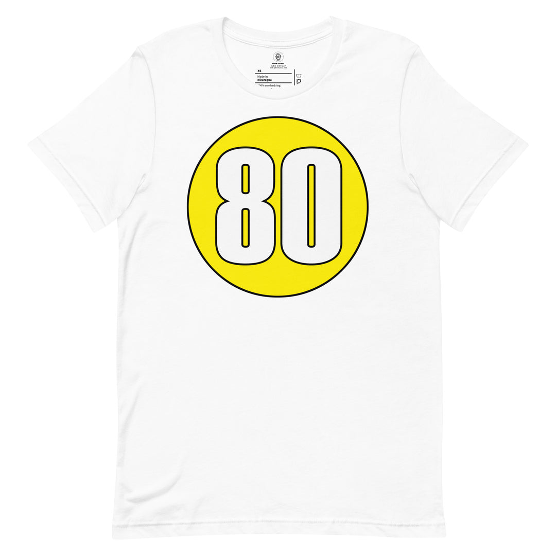 Unisex t-shirt: White on Yellow 80