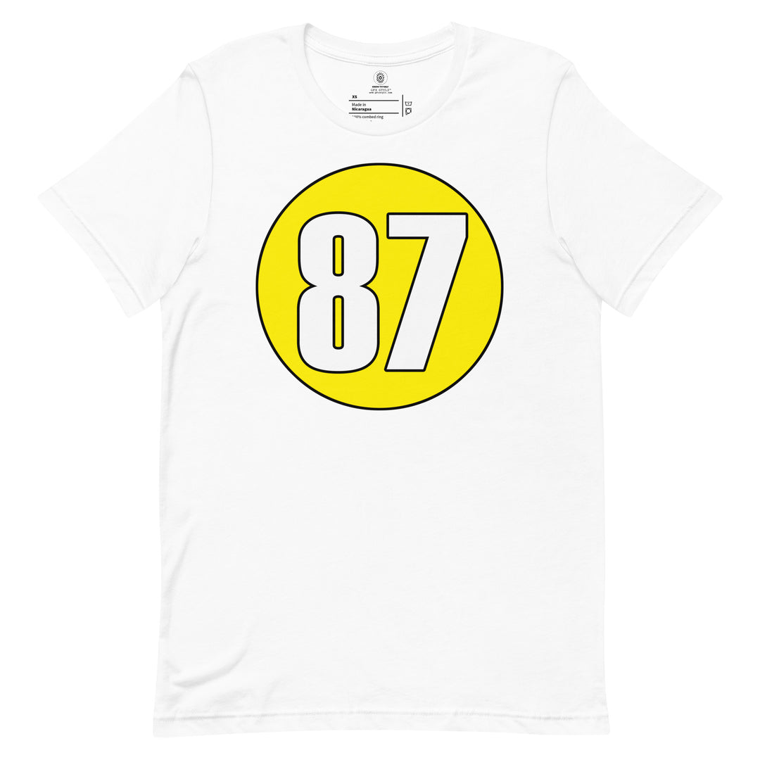 Unisex t-shirt: White on Yellow 87