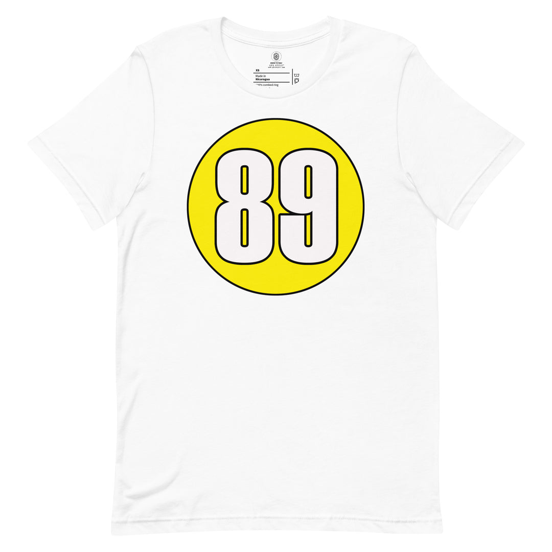 Unisex t-shirt: White on Yellow 89