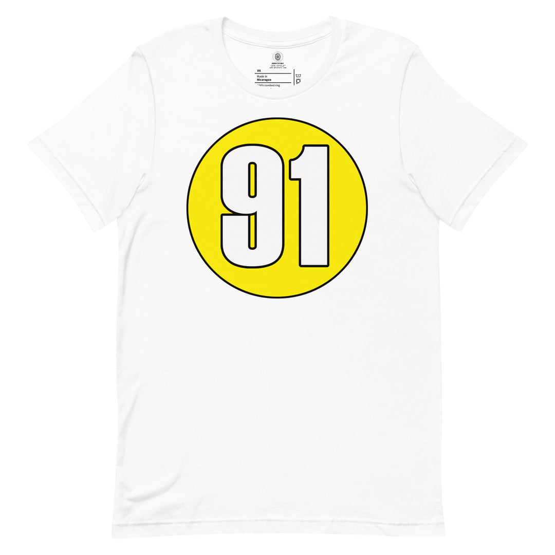 Unisex t-shirt: White on Yellow 91