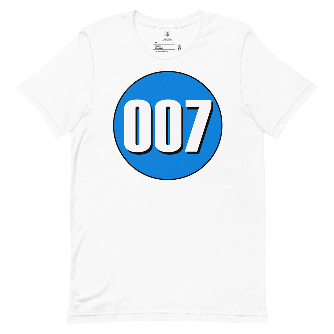 Unisex t-shirt: White on Blue 007