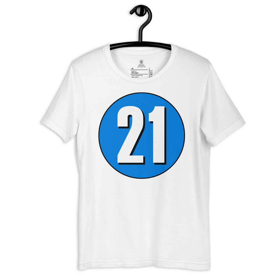 Unisex t-shirt: White on Blue 21