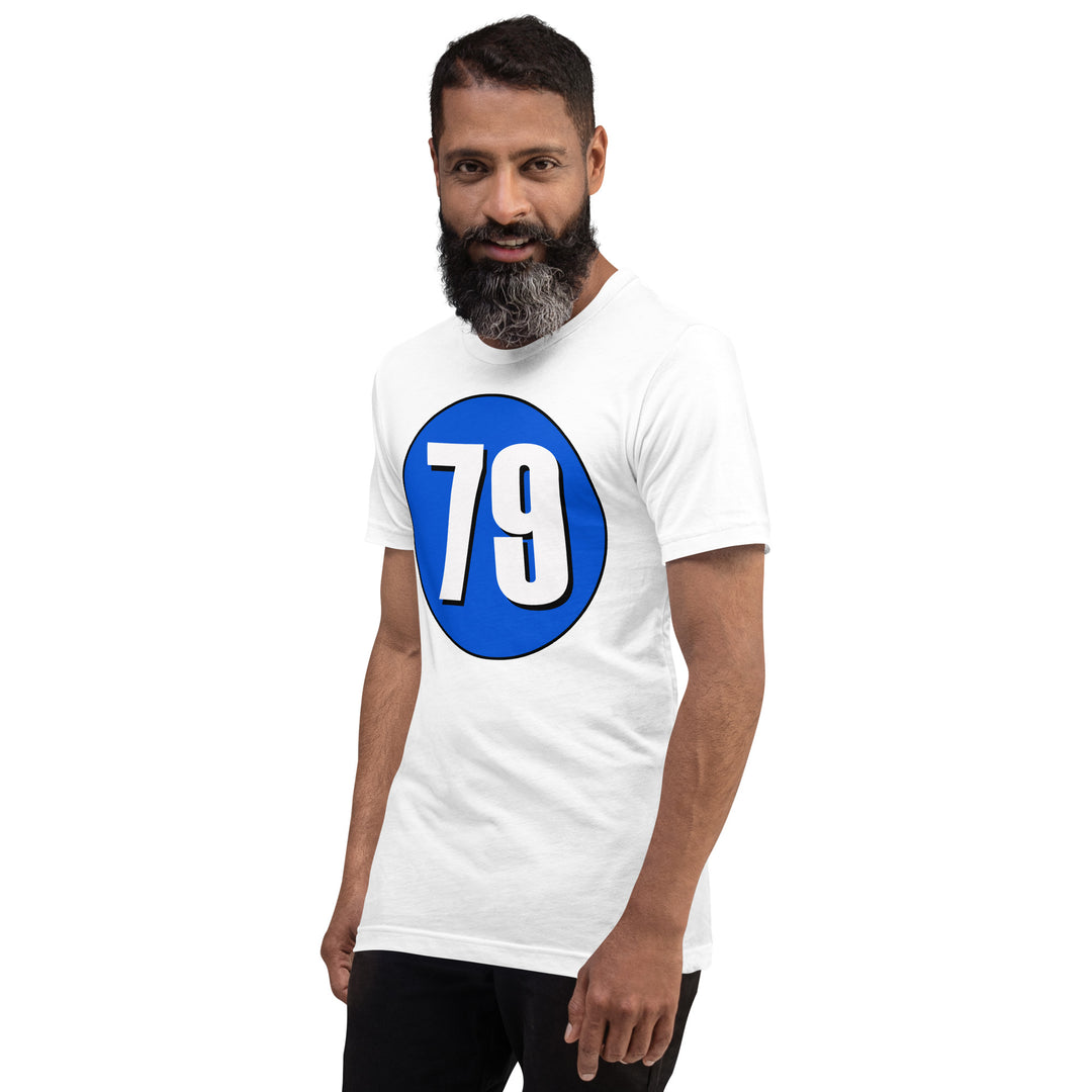 Unisex t-shirt: White on Periwinkle 79