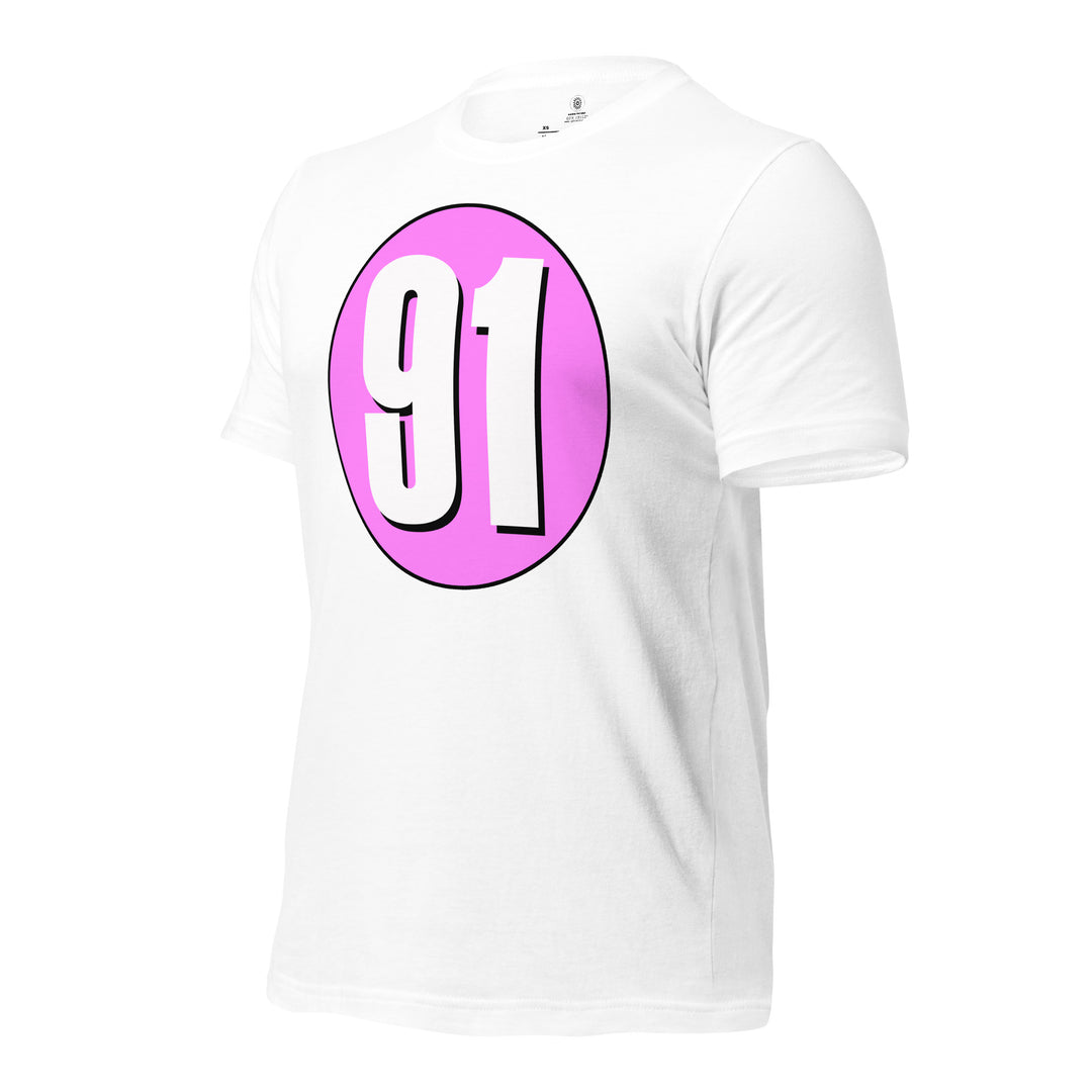 Unisex t-shirt: White on Pink 91