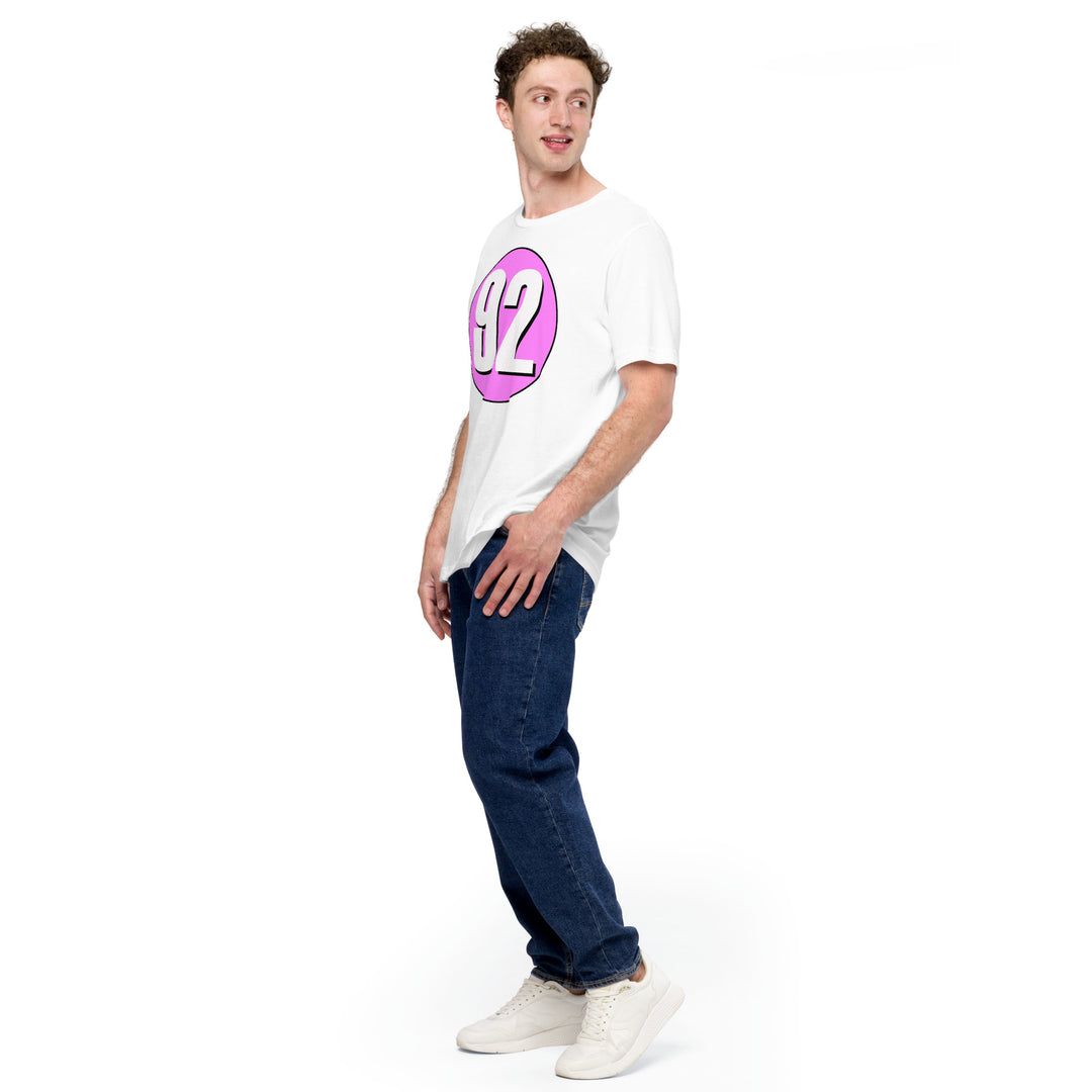 Unisex t-shirt: White on Pink 92