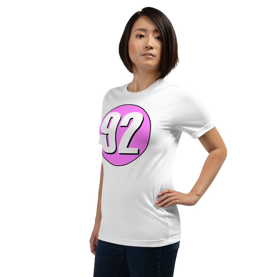 Unisex t-shirt: White on Pink 92