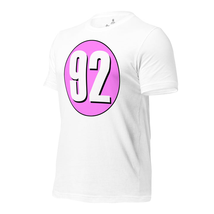 Unisex t-shirt: White on Pink 92