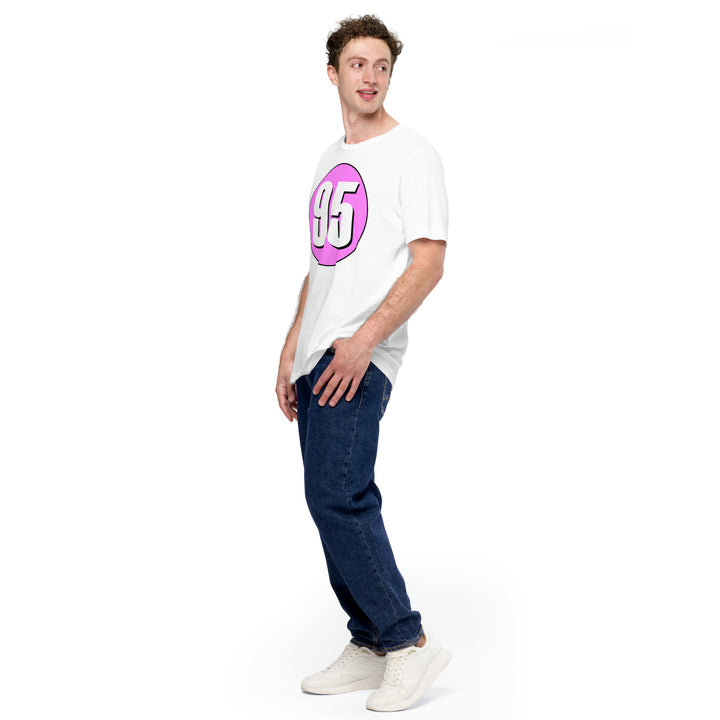 Unisex t-shirt: White on Pink 95