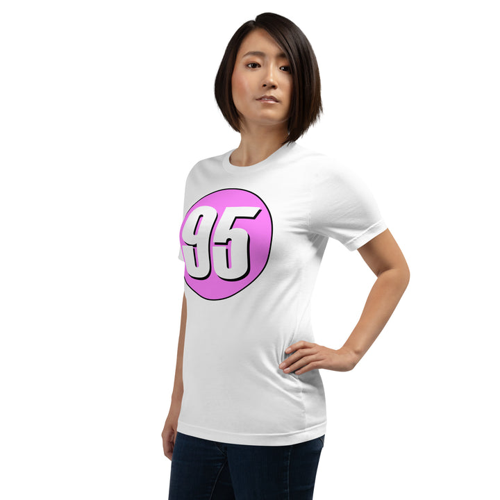 Unisex t-shirt: White on Pink 95