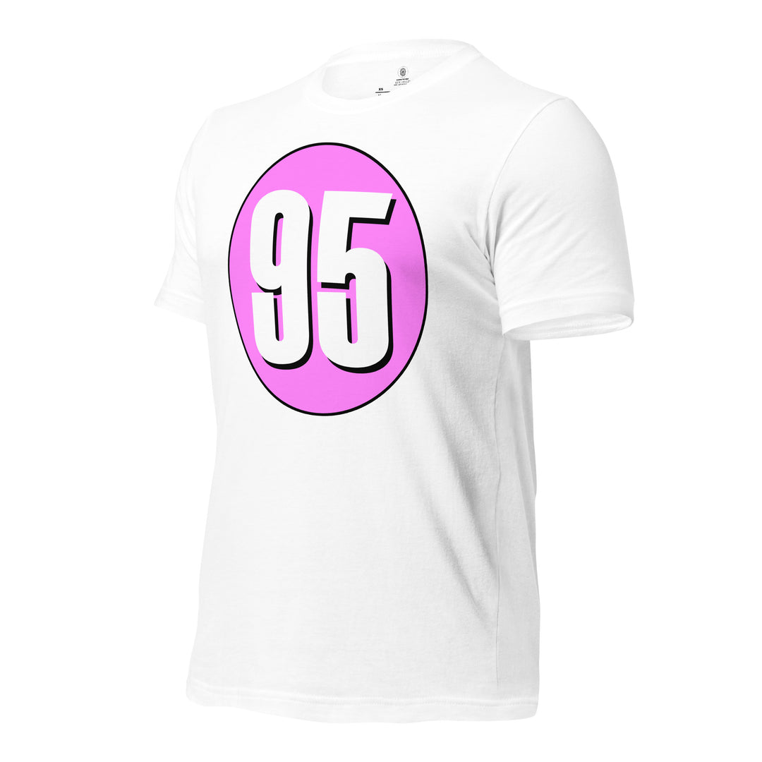 Unisex t-shirt: White on Pink 95