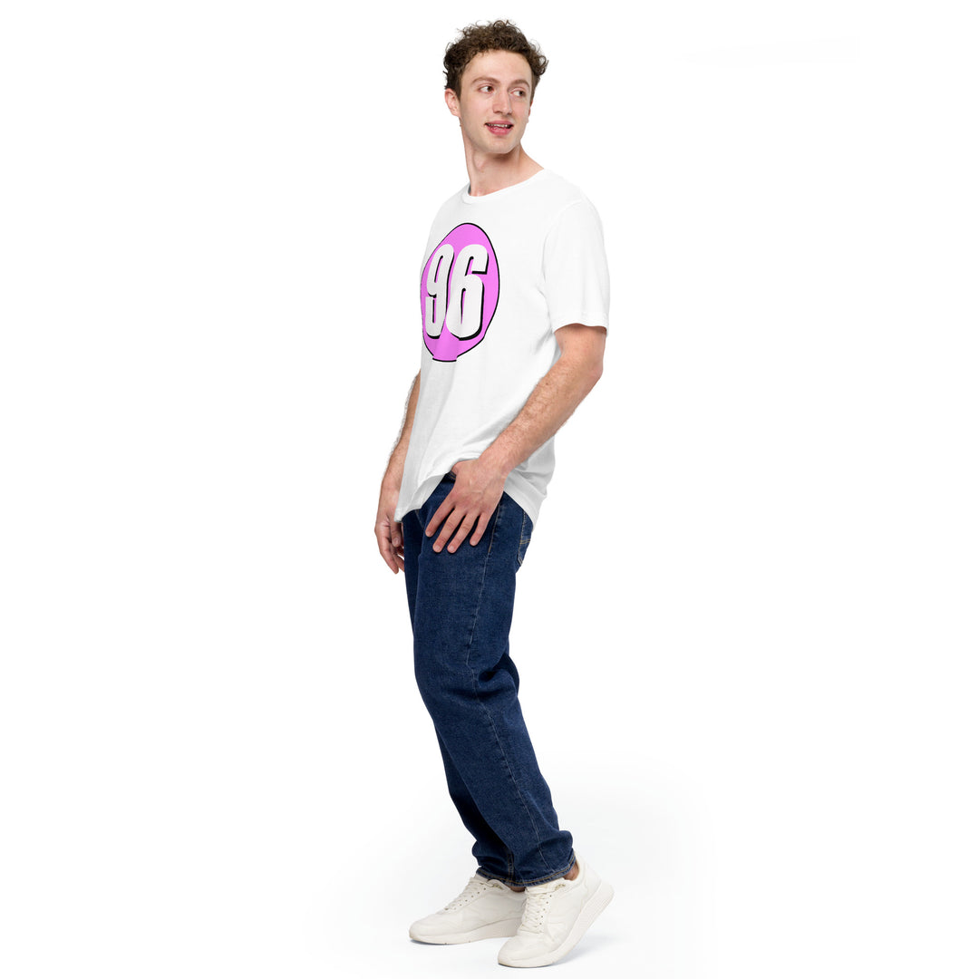 Unisex t-shirt: White on Pink 96